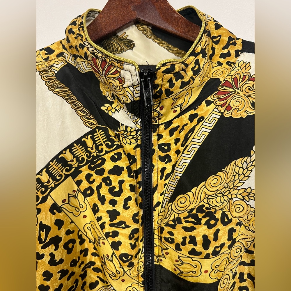 Vintage Avon Style Silk Bomber Jacket – Size L | Gold, Black & Cream Print